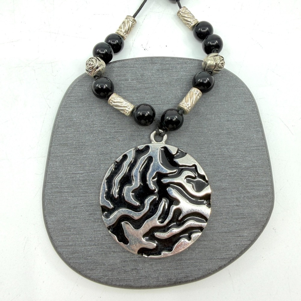 Black Silver Tone Abstract Swirl Disc Pendant Beaded Necklace Boho Statement